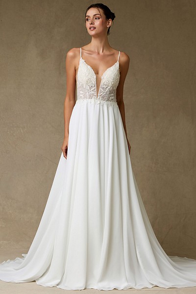 Sleeveless A Line Wedding Gown w/ P...