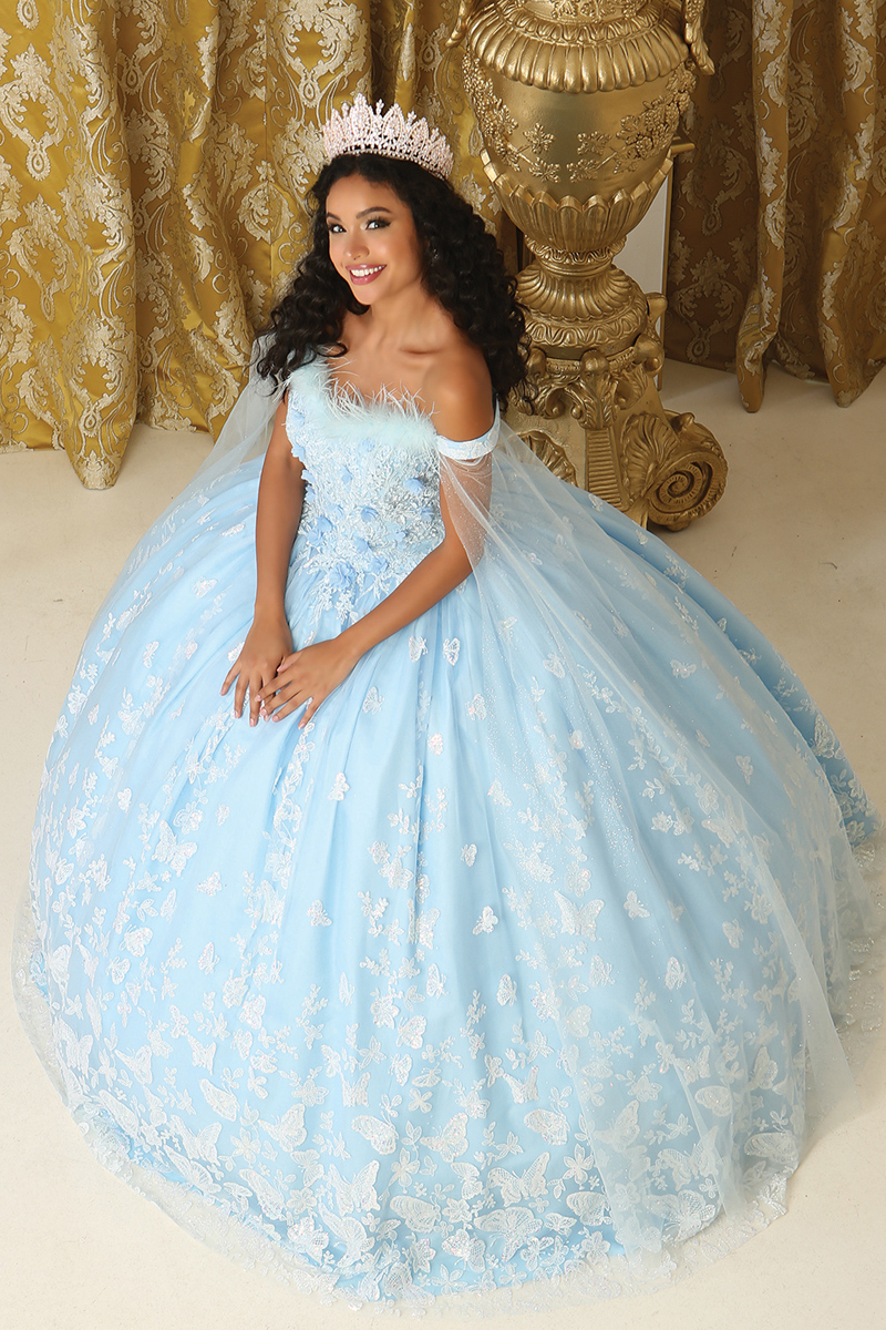 Off Shoulder Cape Sleeve Glitter Print Quinceanera Ball Gown