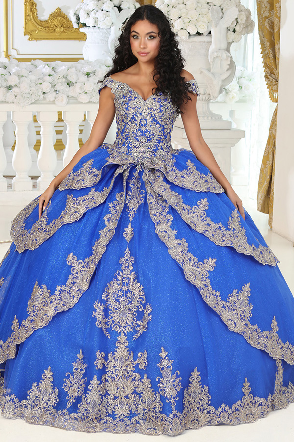 Off Shoulder Tiered Embroidery/Lace Quinceanera Ball Gown