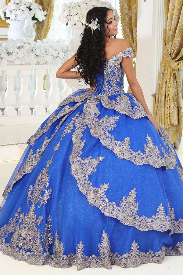 Off Shoulder Tiered Embroidery/Lace Quinceanera Ball Gown