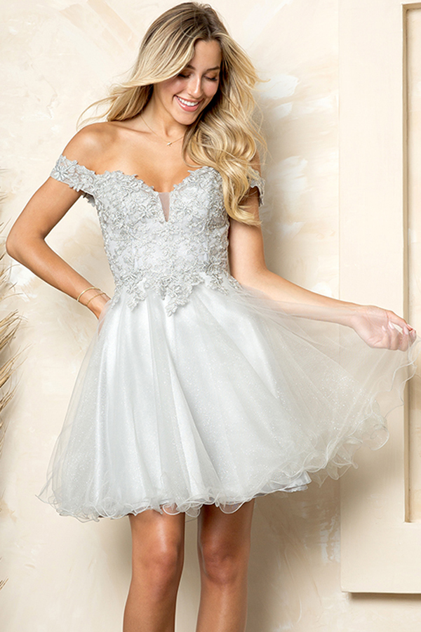 Off Shoulder Glittered Tulle Dress with Corset