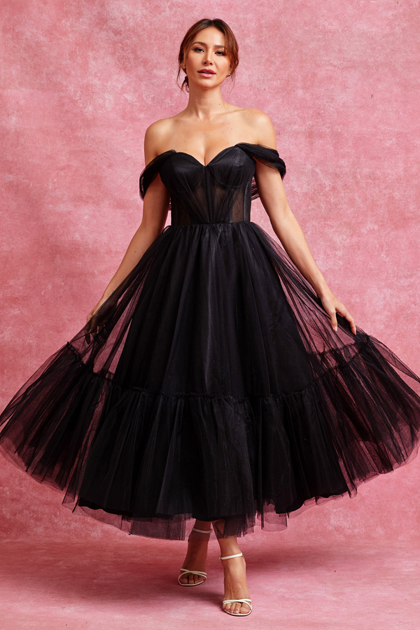 Off Shoulder Bustier Illusion Sweetheart Top Midi Dress