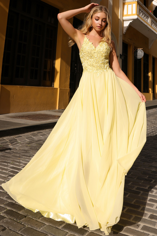 Lace Hot Fix Jewel Top A Line Chiffon Dress