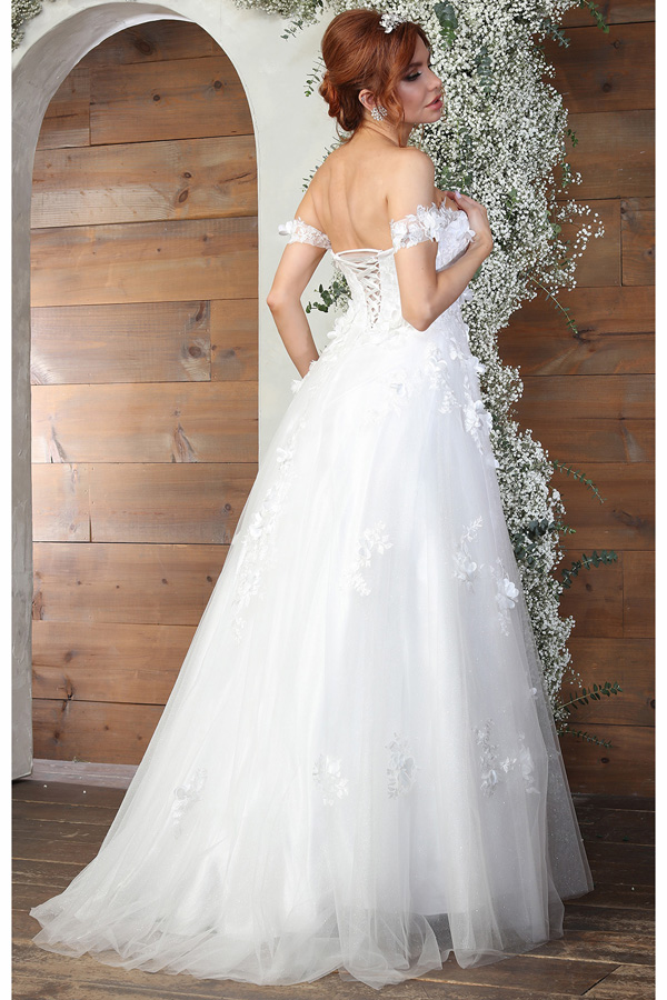 Off Shoulder 3D Floral Applique A Line Wedding Dress