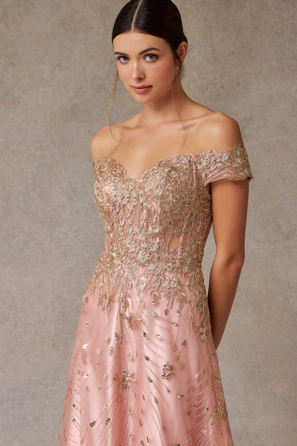 Off Shoulder Sweetheart Bustier Top Glitter Print Dress