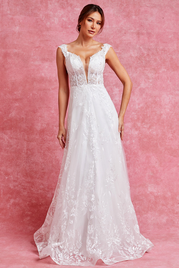 Sleeveless Deep V neck Illusion Top A Line Wedding Gown