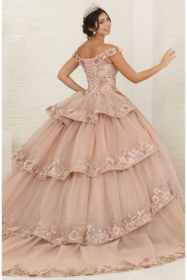 Off Shoulder 3D Floral Applique Glitter Print Quinceanera Ball Gown