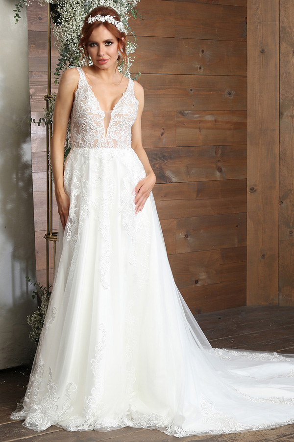 Deep V neck Lace Top A Line Wedding Gown