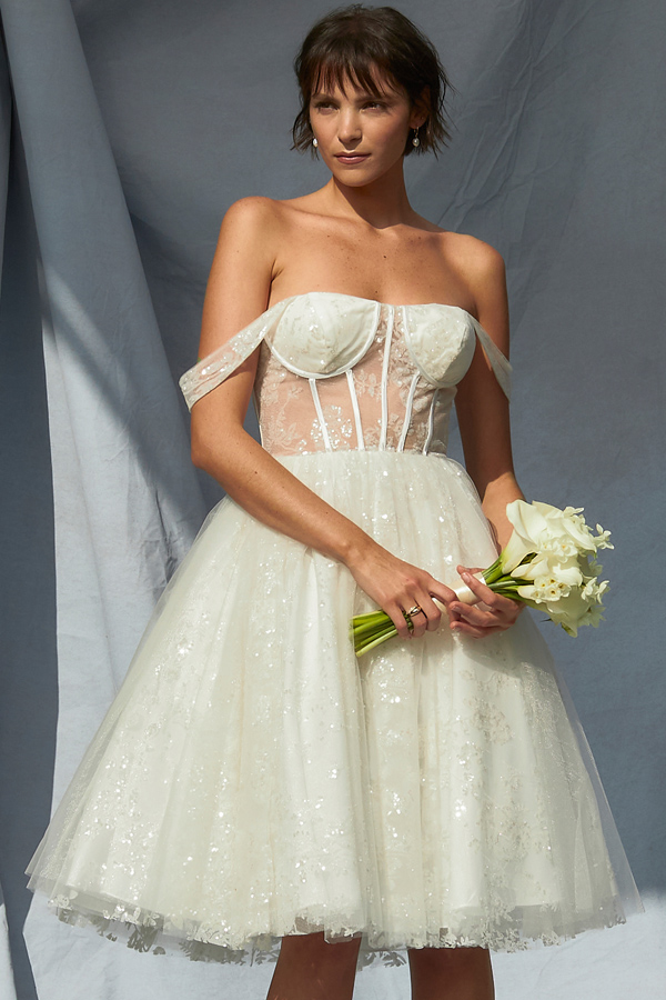 Off Shoulder Sweetheart Knee Length Wedding Dress