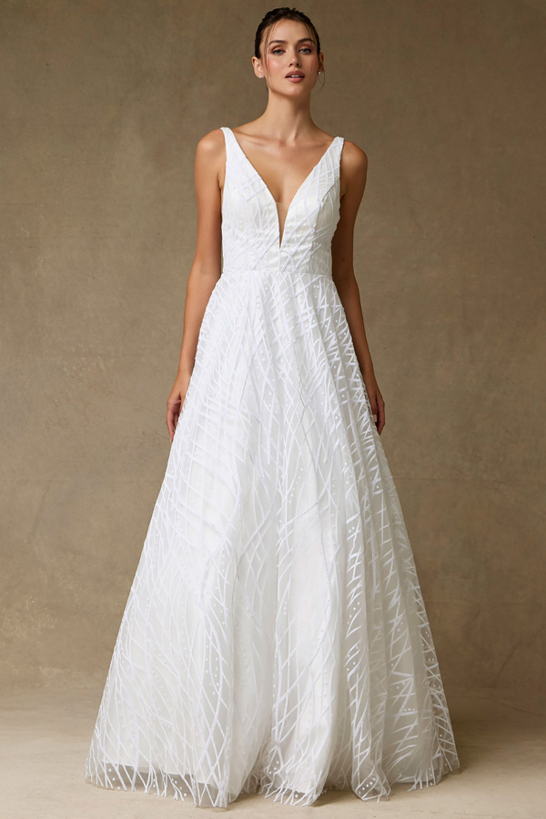 Sleeveless Plunging Neck Glitter Prnt Bridal Dress