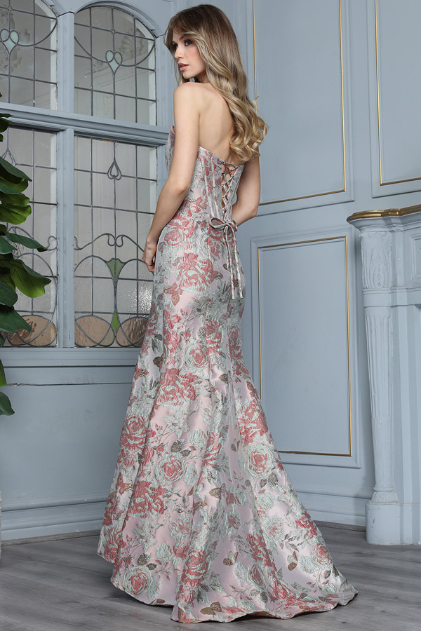 Strapless Structured Bateau Neck Trumpet Jacquard Dress