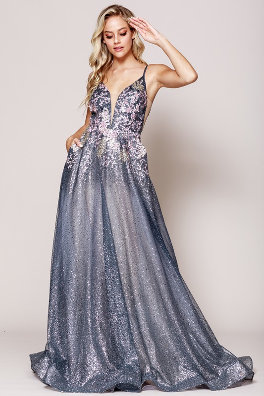 A Line Glitter Dress with Floral Embroidery