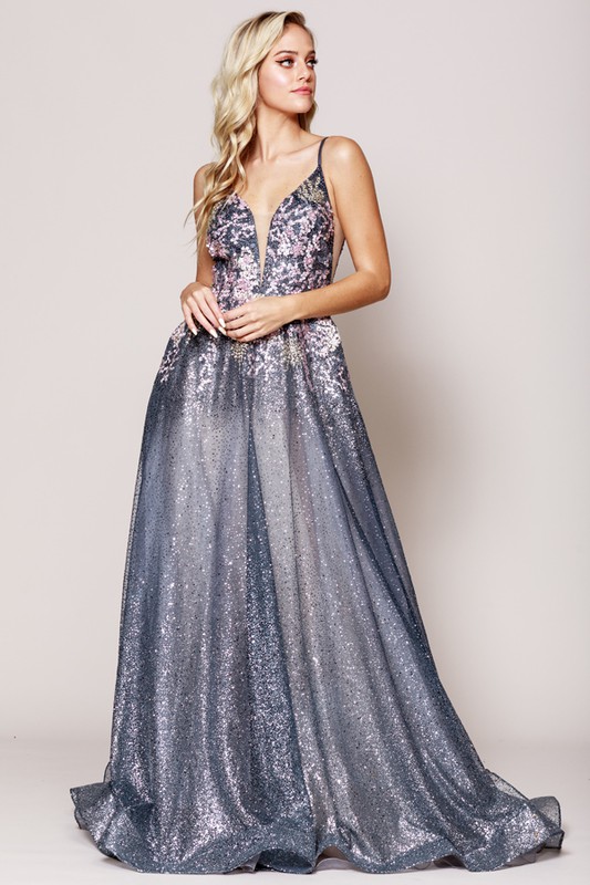 A Line Glitter Dress with Floral Embroidery