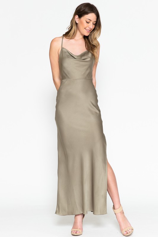 Spaghetti Strap Solid Satin Ankle Length Dress