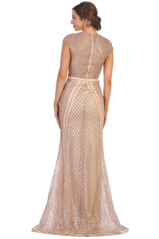 Cap Sleeve Glitter Print Mermaid Evening Gown