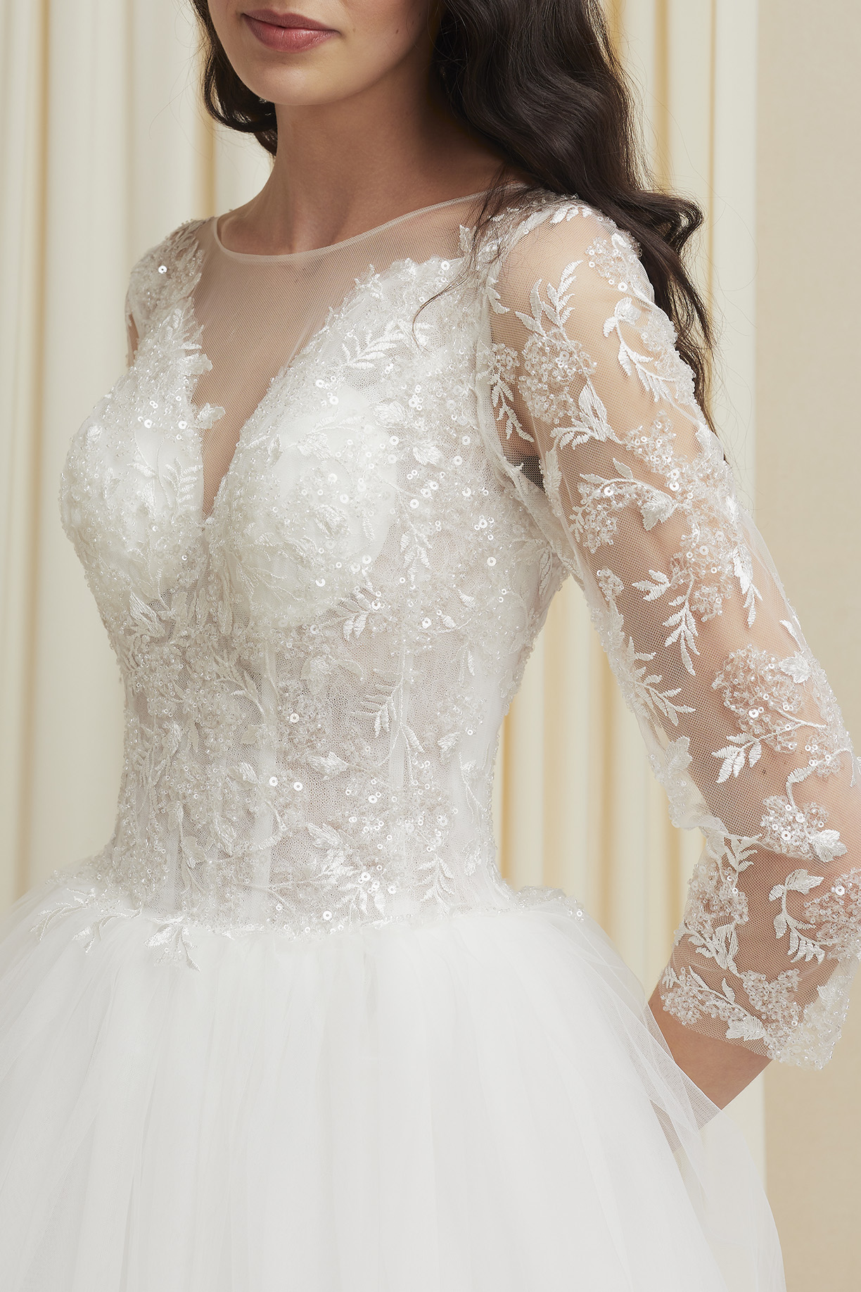 3/4 SLEEVES, BATEAU, BALLGOWN, LACE UP BACK