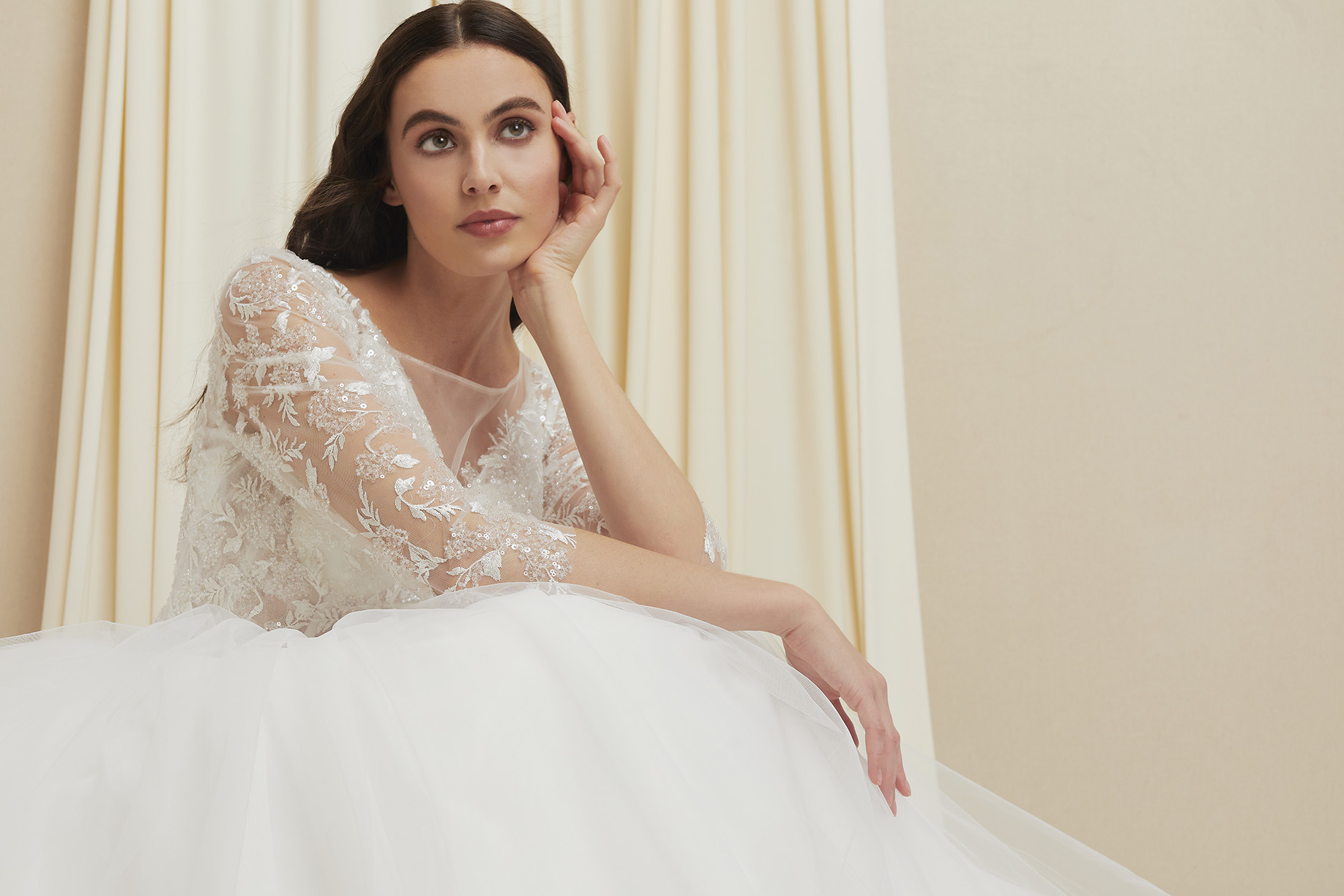 3/4 SLEEVES, BATEAU, BALLGOWN, LACE UP BACK