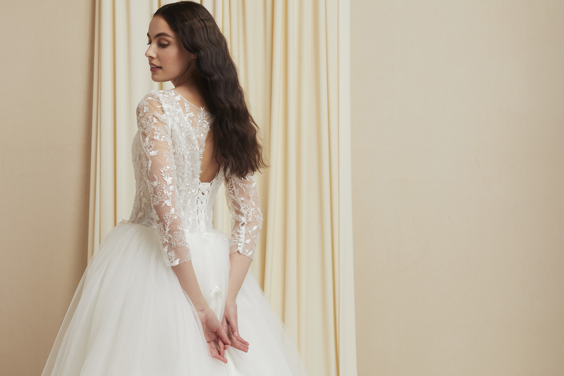 3/4 SLEEVES, BATEAU, BALLGOWN, LACE UP BACK