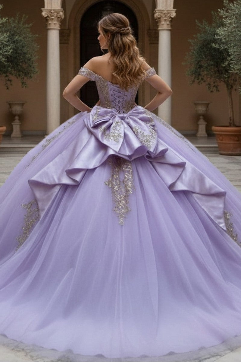 Lilac/Gold lilac gold embroidered quinceanera ball gown, front view