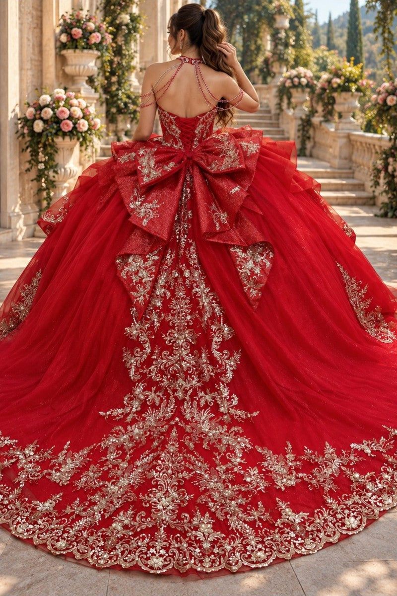 Red red crystal gold embroidered quinceanera ball gown, front view