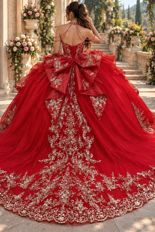 Red red crystal gold embroidered quinceanera ball gown, front view