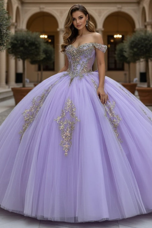 Lilac/Gold lilac gold embroidered quinceanera ball gown, back view