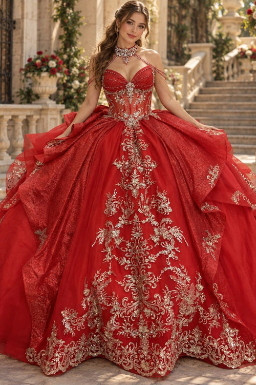Red red crystal gold embroidered quinceanera ball gown, back view
