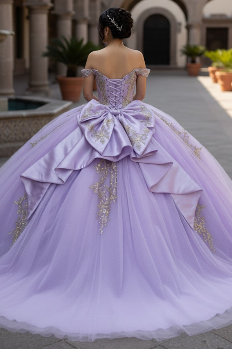 Lilac/Gold lilac gold embroidered quinceanera ball gown, alternate view