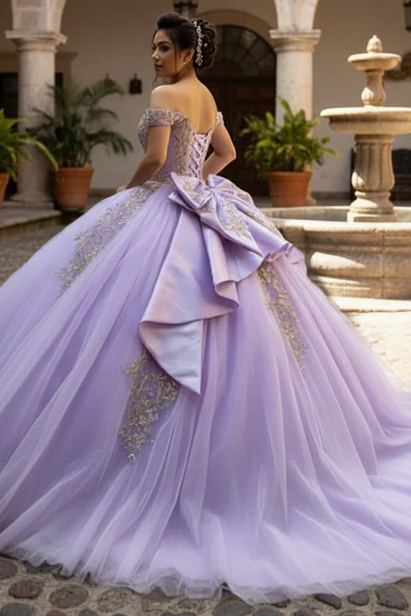 Lilac/Gold lilac gold embroidered quinceanera ball gown, alternate view