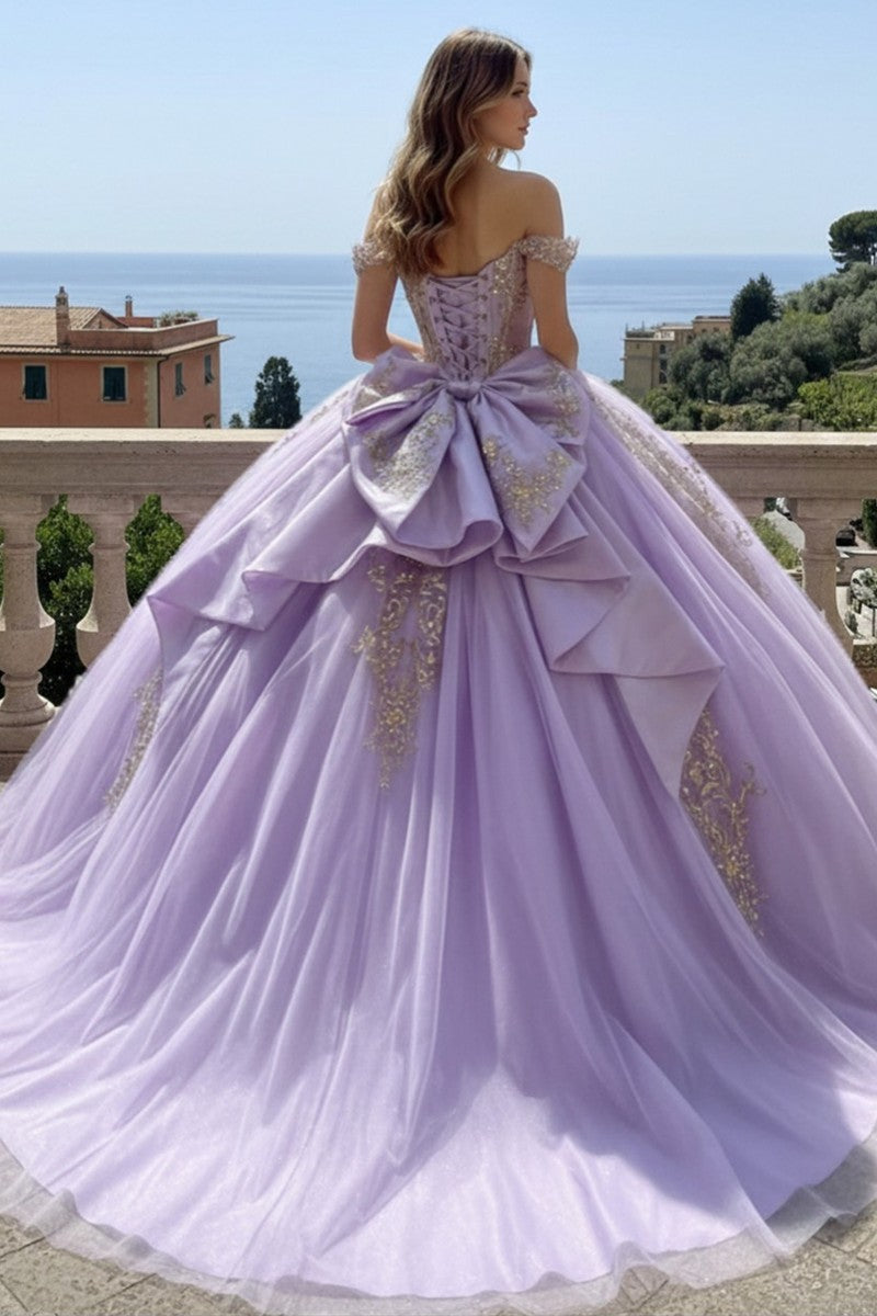 Lilac/Gold lilac gold embroidered quinceanera ball gown, alternate view