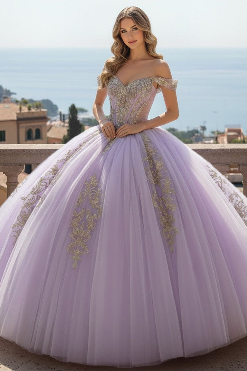 Lilac/Gold lilac gold embroidered quinceanera ball gown, alternate view