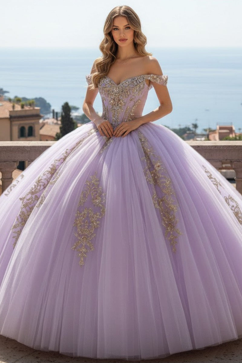 Lilac/Gold lilac gold embroidered quinceanera ball gown, alternate view