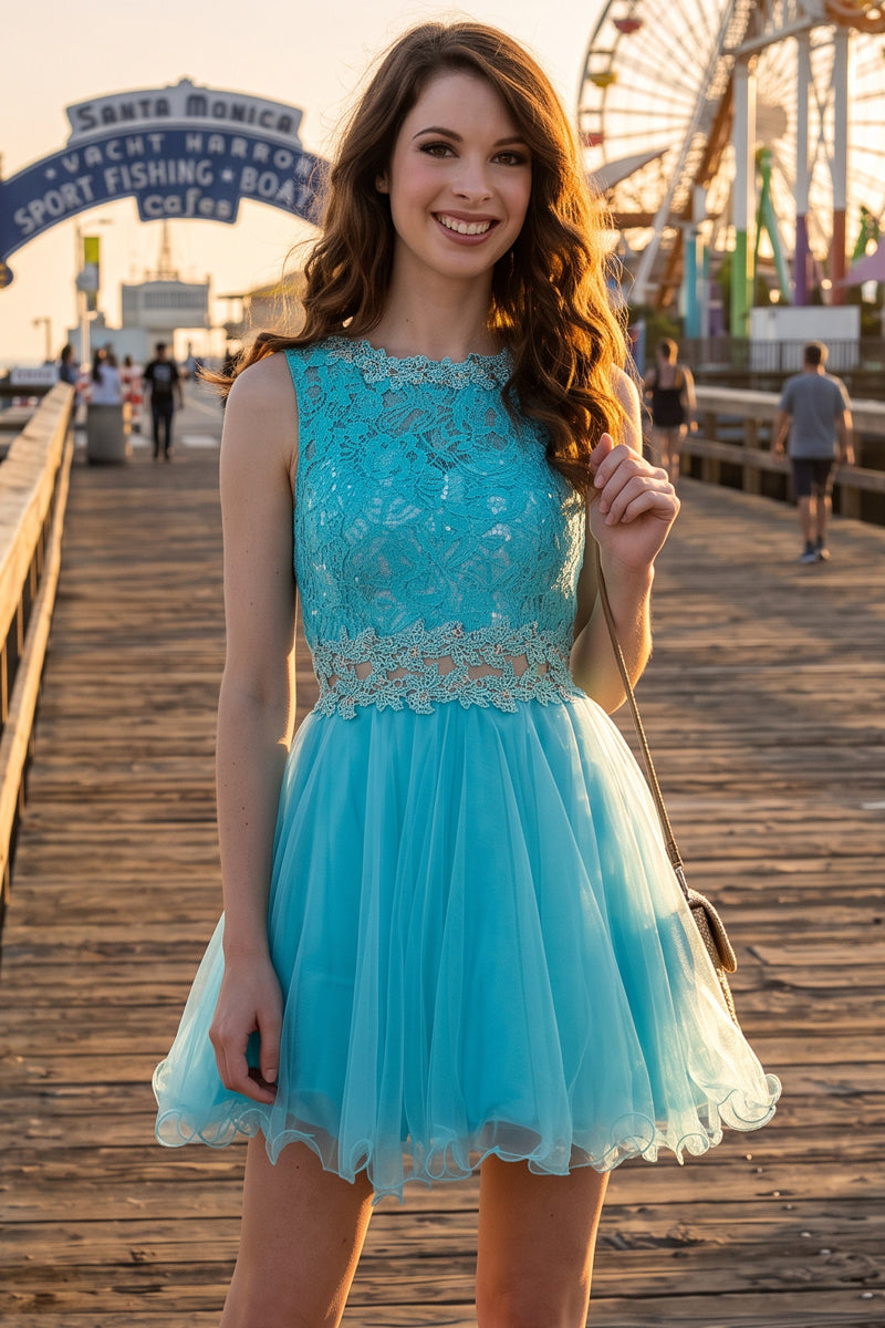Short Sleeveless Lace Bodice Tulle Prom Homecoming Dress | CQ1505