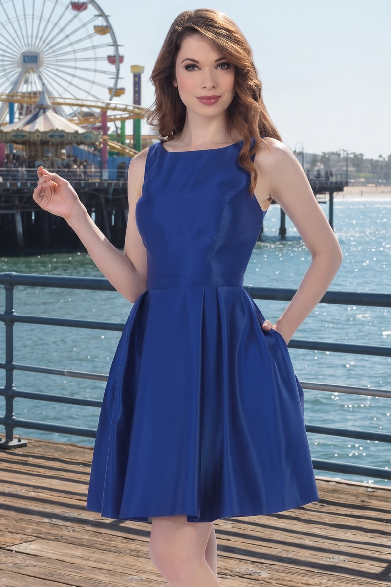 Short Sleeveless Boat Neck Satin Fit and Flare Dress | CQ1512