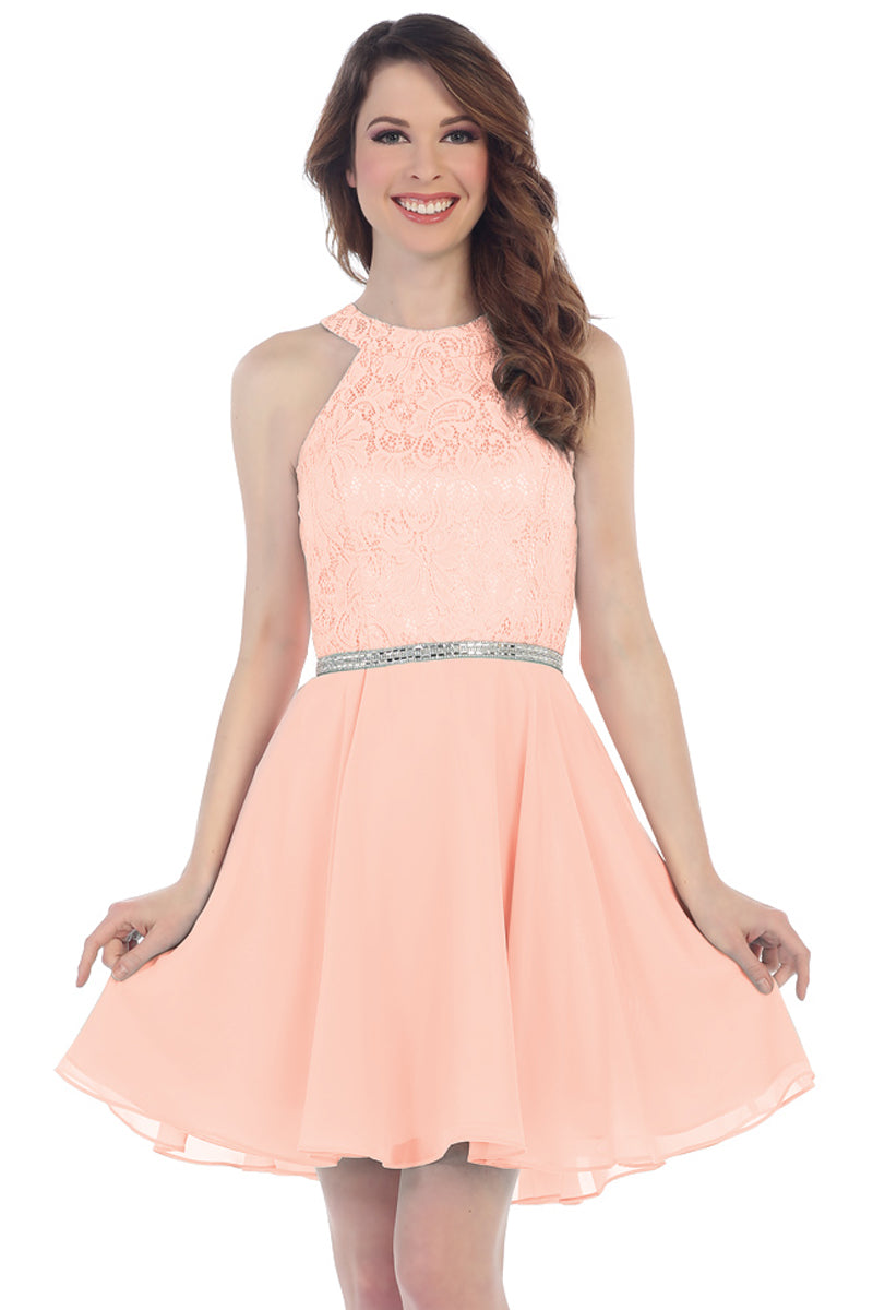 Short Lace Halter Chiffon A Line Prom Homecoming Dress | CQ1523