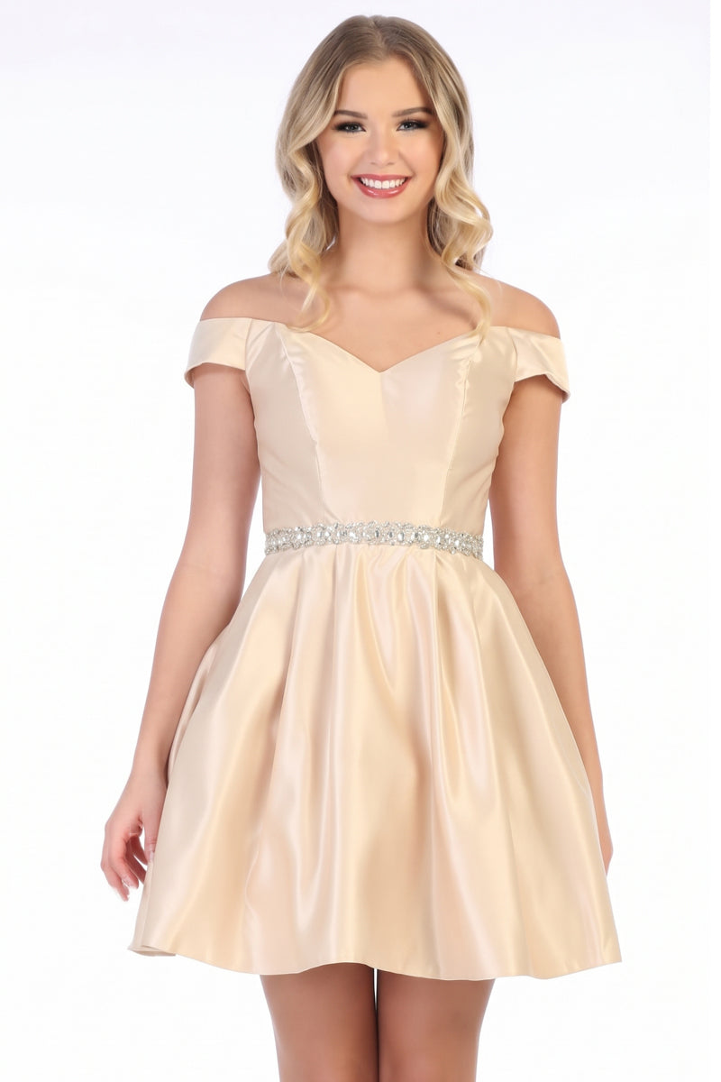 Short Cold Shoulder Satin A Line Prom Dress with Jeweled Waist | CQ1535
