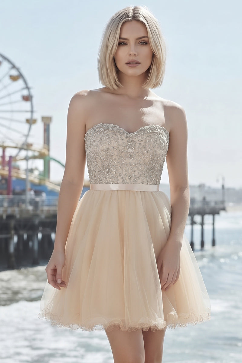 Short Strapless Beaded Lace Bodice Tulle Dress | CQ1543