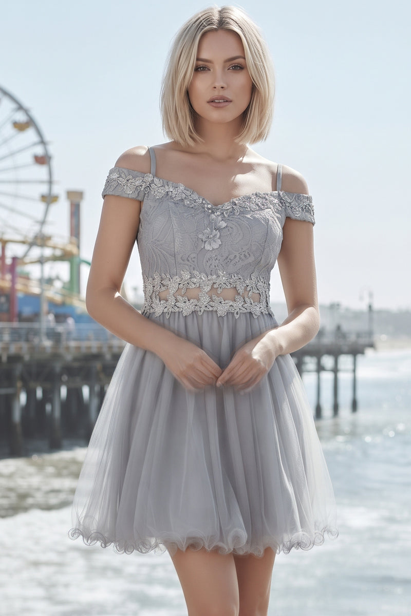 Short Cold Shoulder Lace Bodice Tulle Prom Homecoming Dress | CQ1561