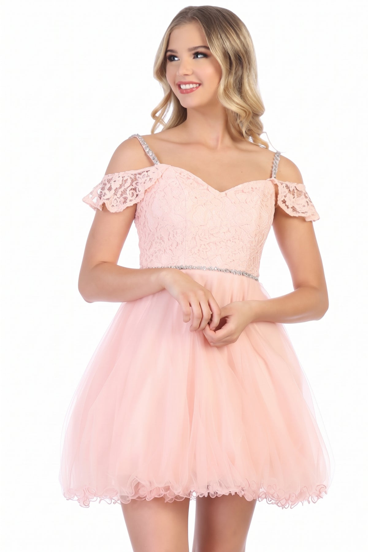 Short Cold Shoulder Lace Bodice Tulle Dress | CQ1597
