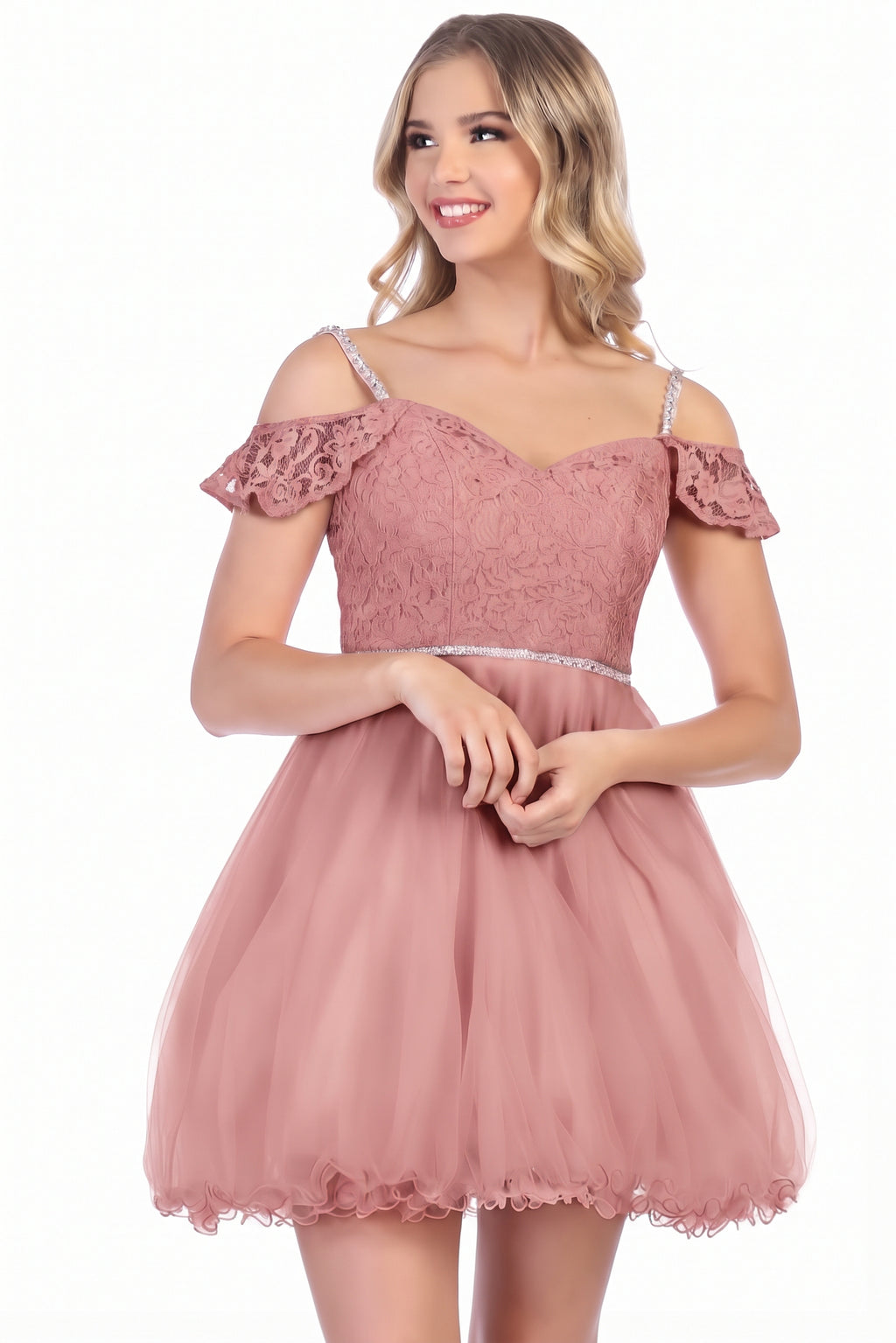 Short Cold Shoulder Lace Bodice Tulle Dress | CQ1597