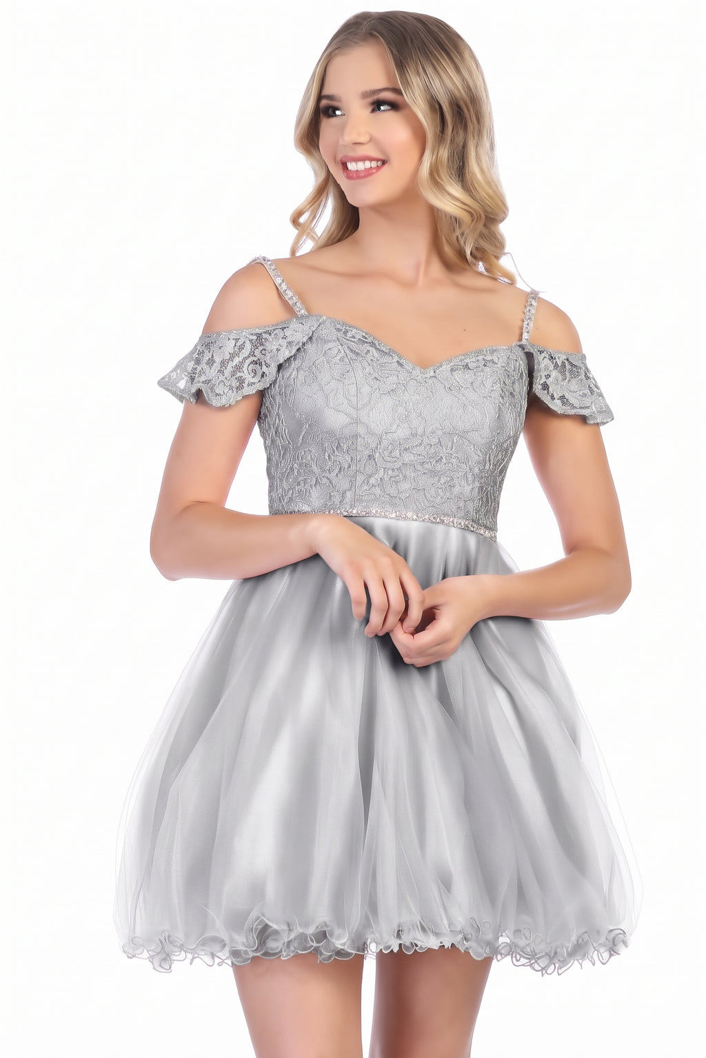 Short Cold Shoulder Lace Bodice Tulle Dress | CQ1597