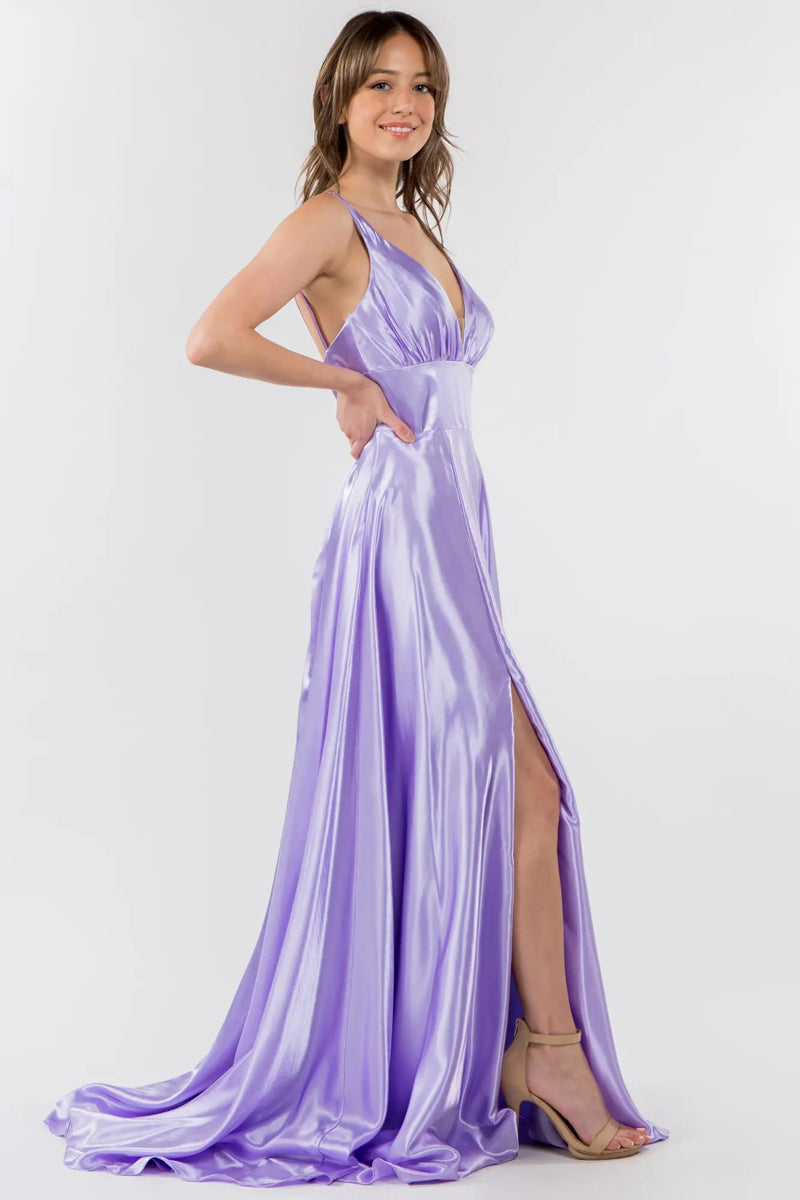 V Neck Gathered Top A Line Satin Gown – 432-963-4X-SOLID