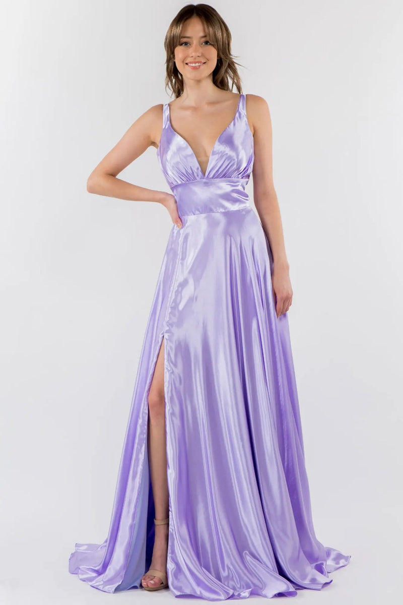 432-963-4X-SOLID | V Neck Gathered Top A Line Satin Gown