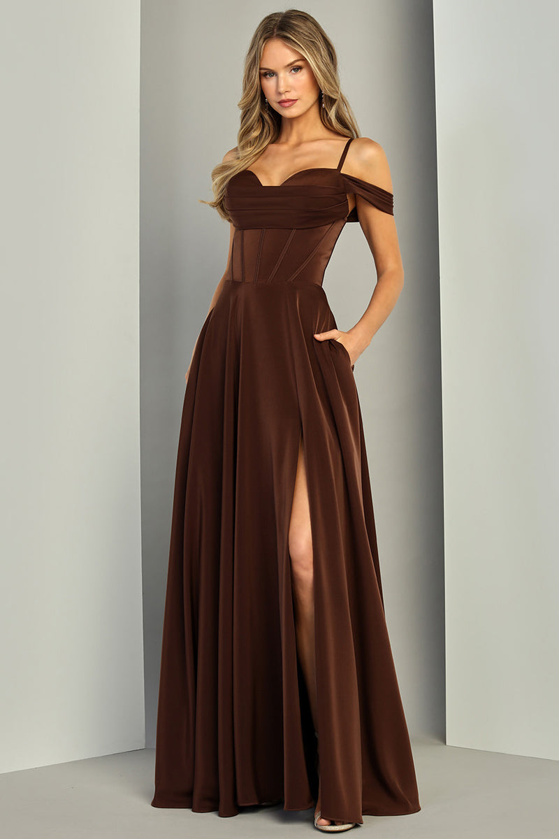 143-229 | OFF SHOULDER COWL TOP SOLID A LINE DRESS