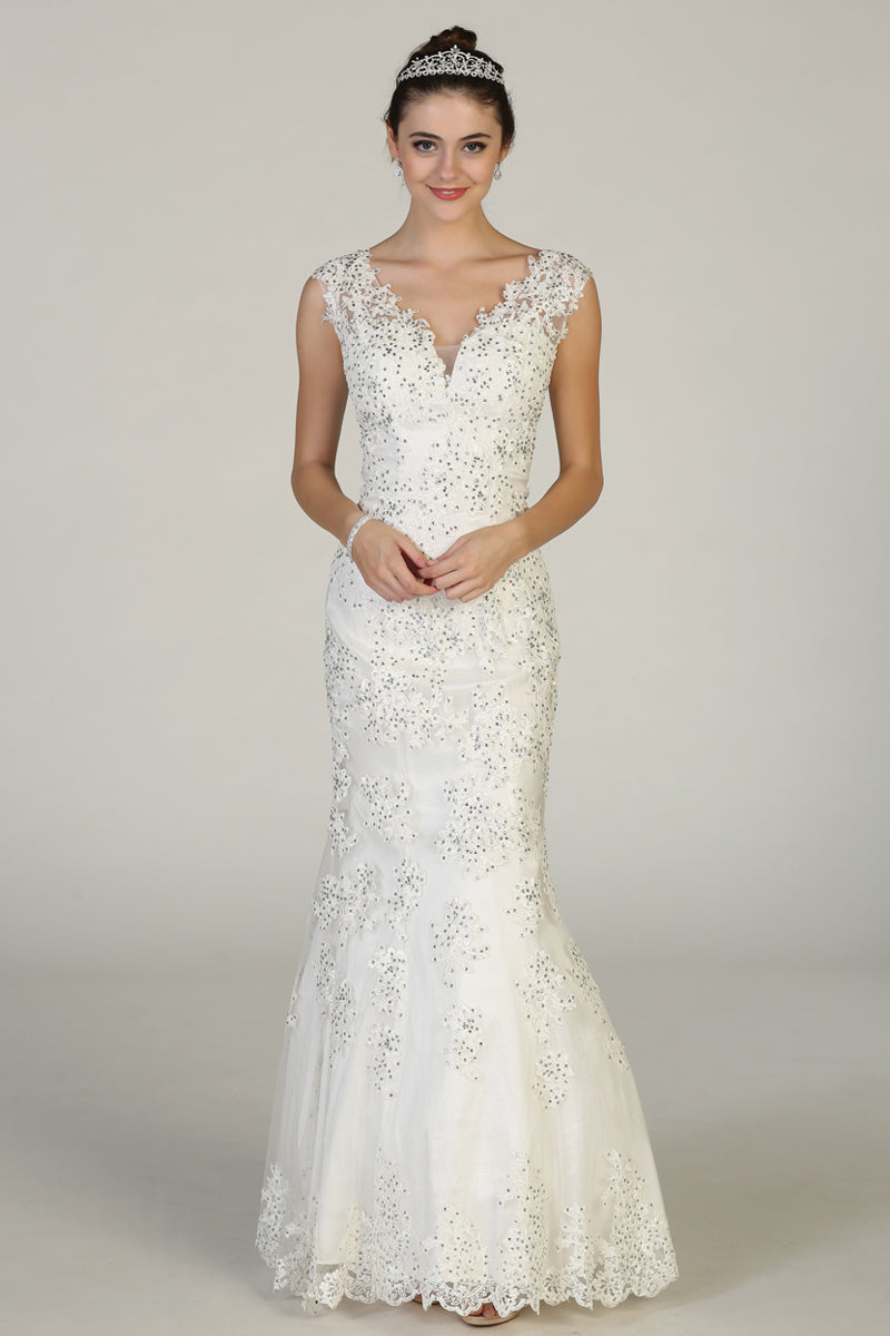 V Neck Sleeveless Floral Lace Applique Fitted Mermaid Prom Dress | CQ50356