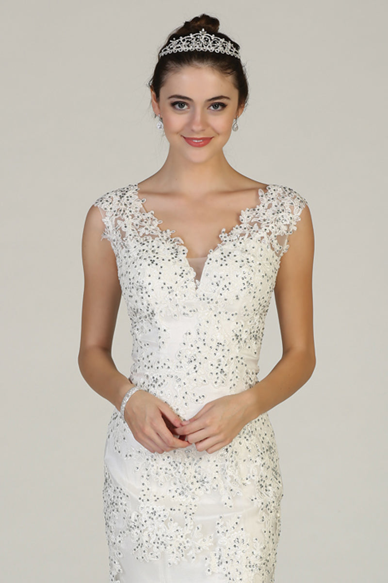 V Neck Sleeveless Floral Lace Applique Fitted Mermaid Prom Dress | CQ50356