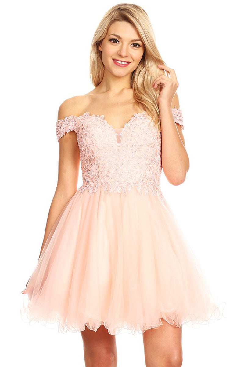 Off Shoulder Sweetheart Lace Bodice Short Tulle Prom Dress | CQ50372