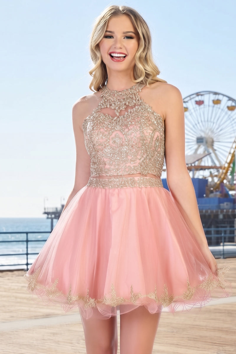 Gold Lace Halter Two Piece Short Tulle Prom Dress | CQ50391