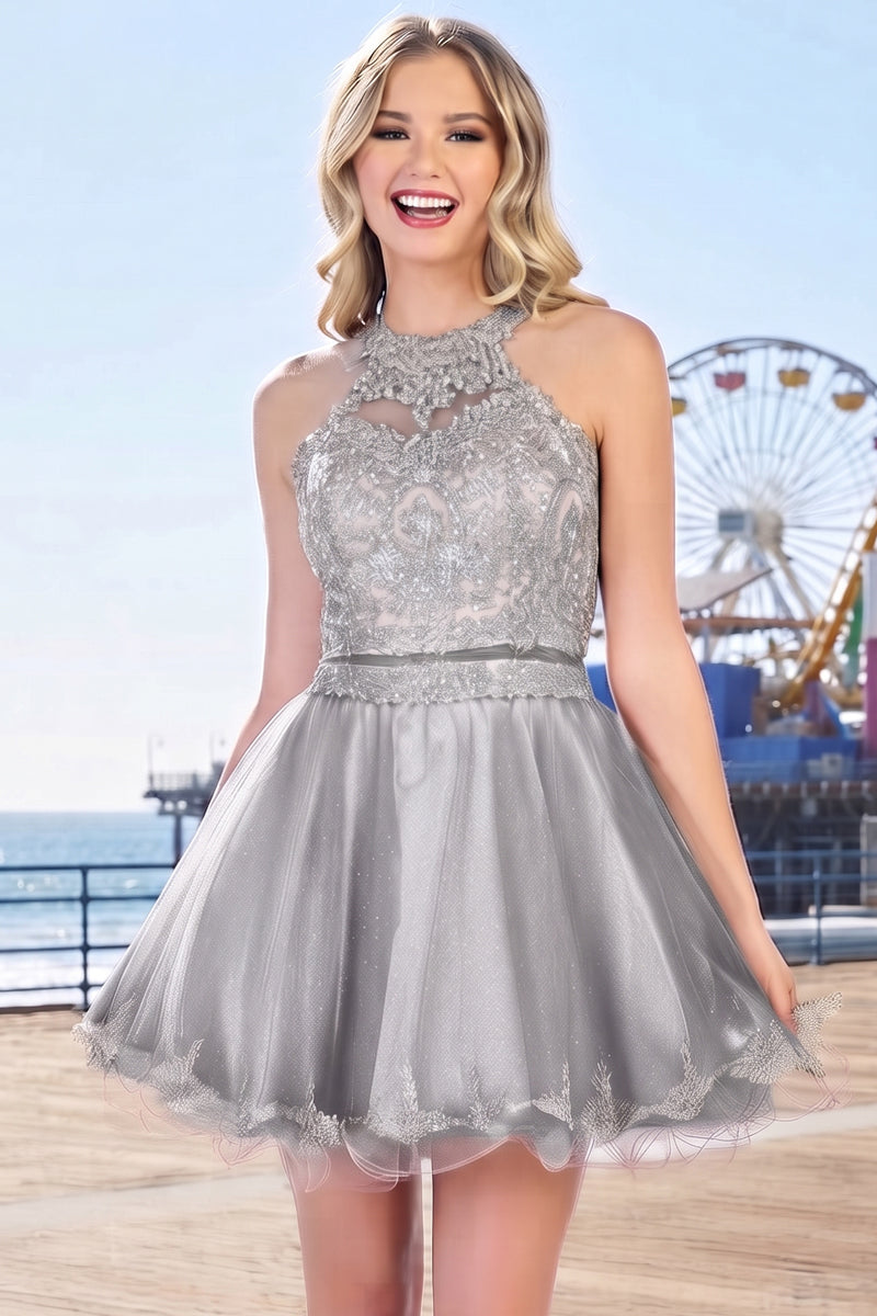 Gold Lace Halter Two Piece Short Tulle Prom Dress | CQ50391