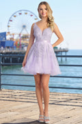 Lace Applique V Neck Short Tulle A Line Prom Dress | CQ50395
